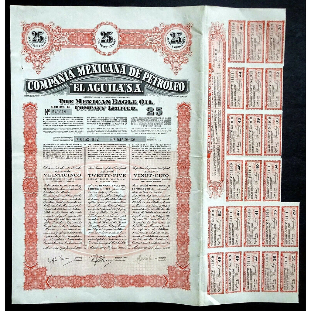 Compania Mexicana de Petroleo "El Aguila", S.A. - The Mexican Eagle Oil Company Limited Stock Certificate