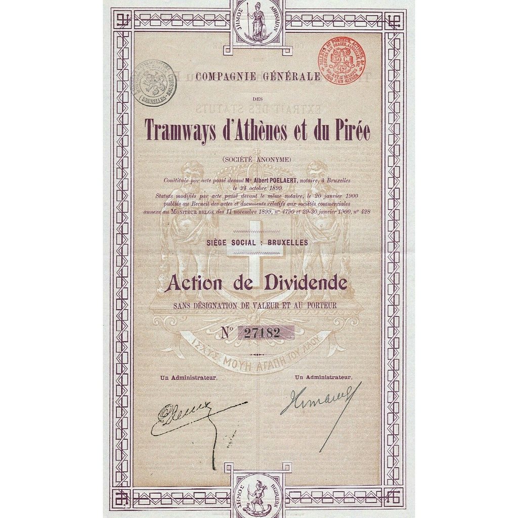 Tramways d'Athenes et du Piree Athens to Piraeus 1900 Greece Stock Certificate