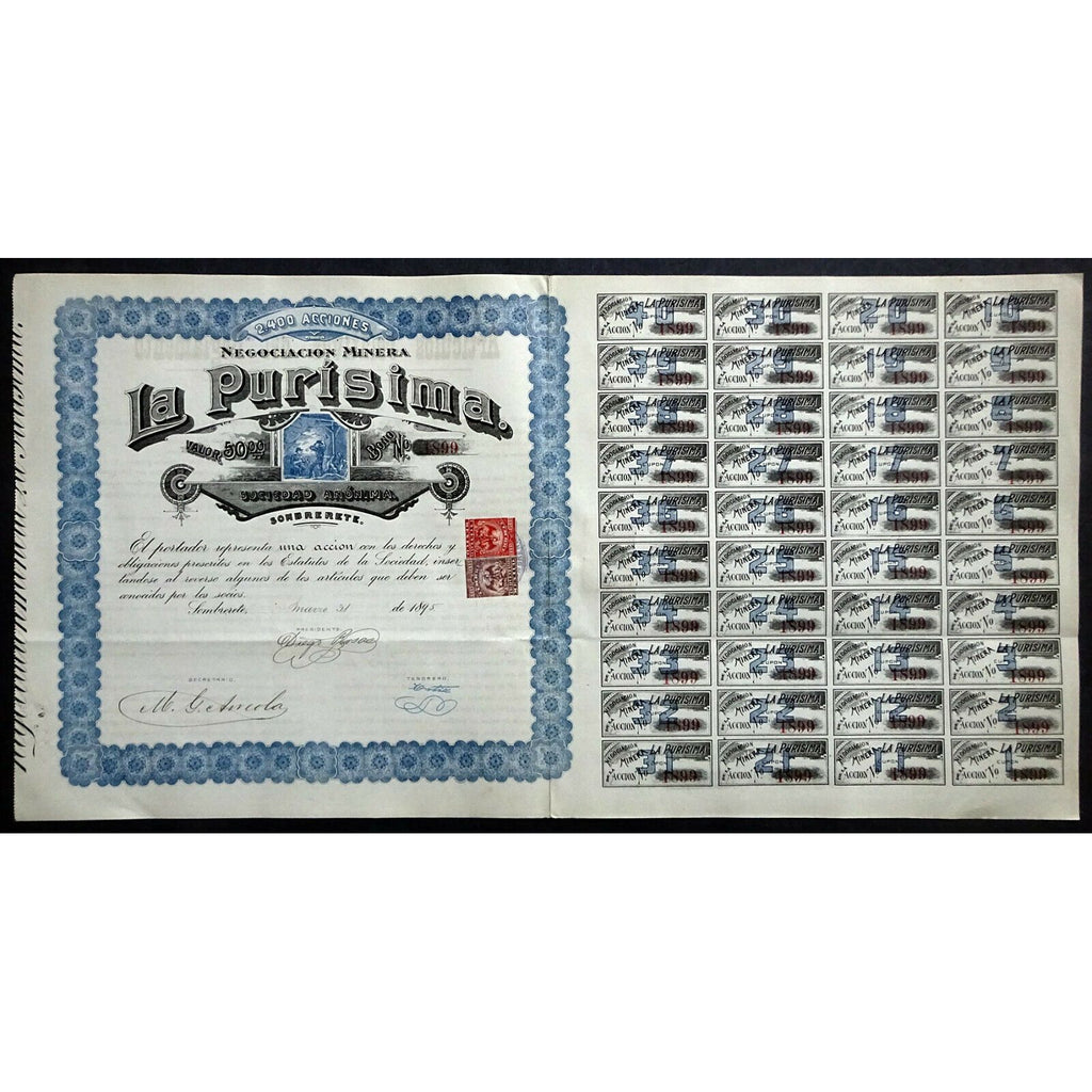 Negociacion Minera "La Purisima" Sombrerete Mexico 1895 Stock Certificate