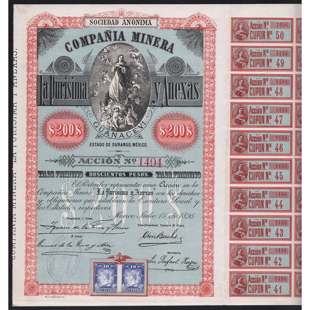 Compania Minera La Purisima y Anexas 1895 Mexico Stock Certificate