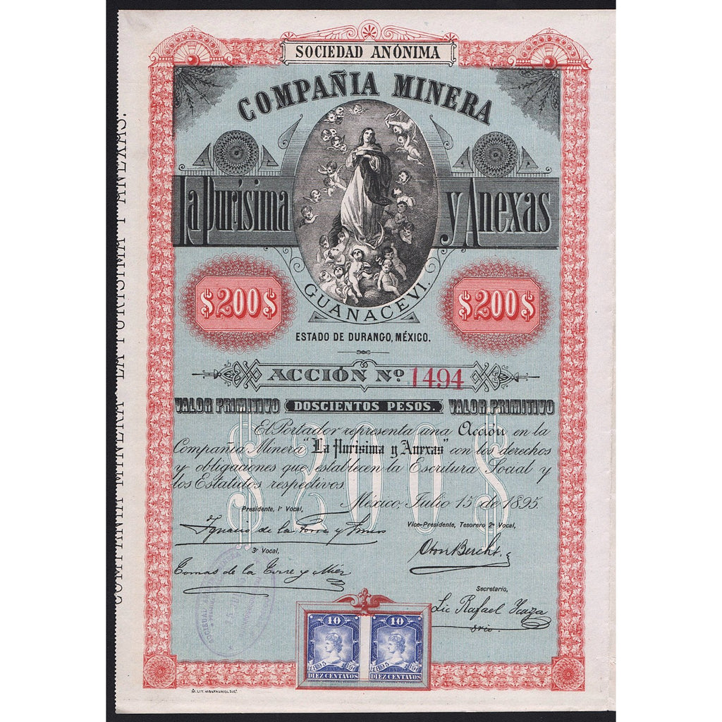 Compania Minera La Purisima y Anexas 1895 Mexico Stock Certificate