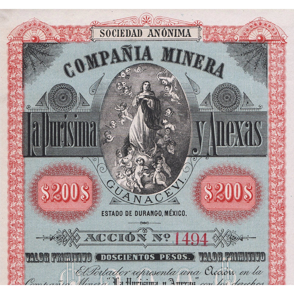 Compania Minera La Purisima y Anexas 1895 Mexico Stock Certificate