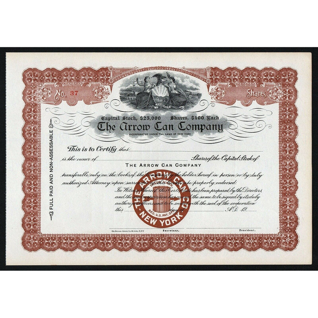 The Arrow Can Company New York Stock Certificate