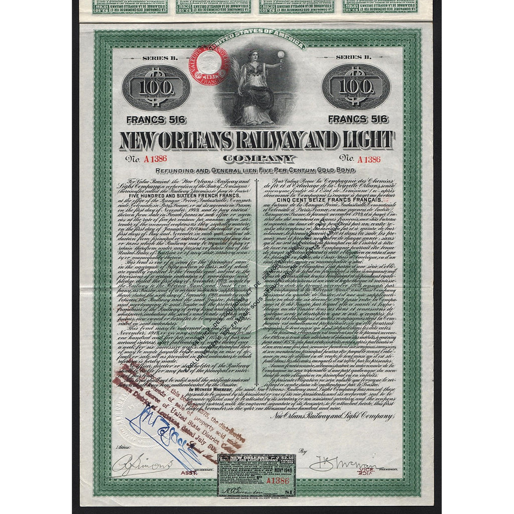 New Orleans Railway and Light Company 1909 Gold Bond Certificate