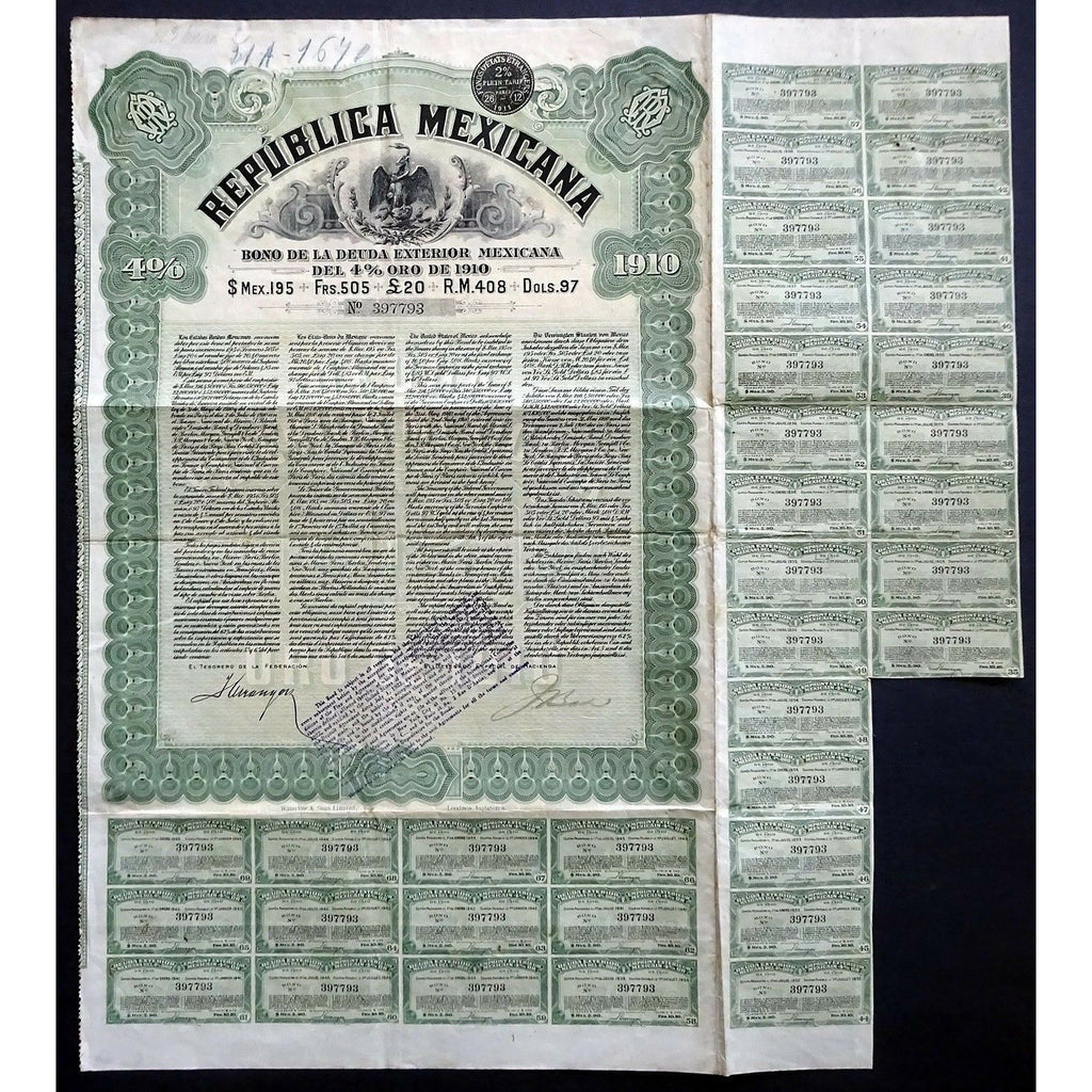 Republica Mexicana: External Gold Bond Mexico 1910 Bond Certificate