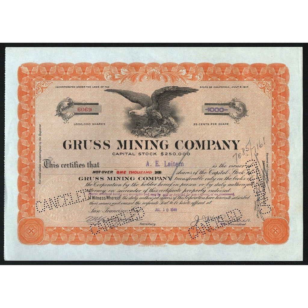 Gruss Mining Company 1941 California Stock Certificate