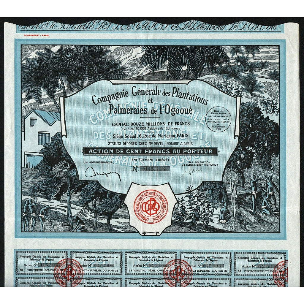 Compagnie Generale des Plantations et Palmeraies de l'Ogooue Gabon 1928 Bond Certificate