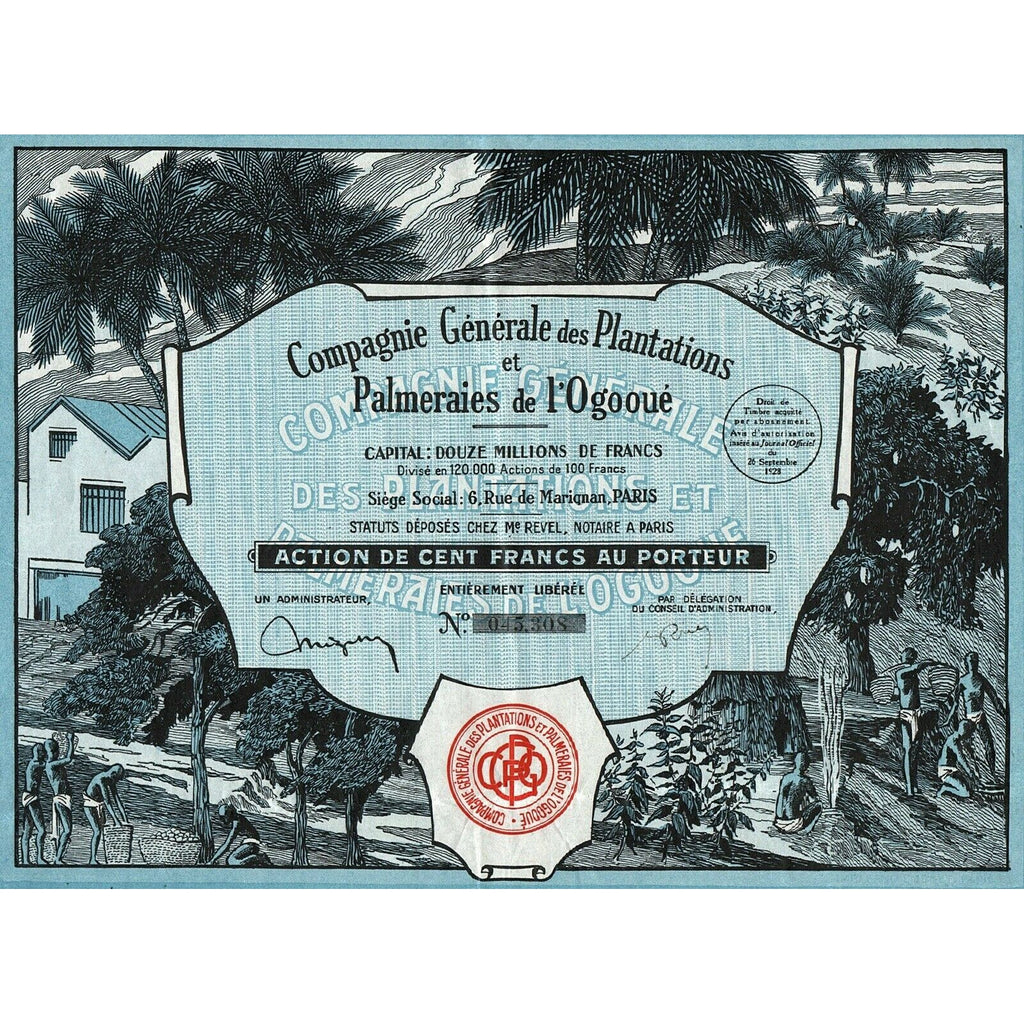 Plantations et Palmeraies de l'Ogooue Gabon 1928 Bond Certificate