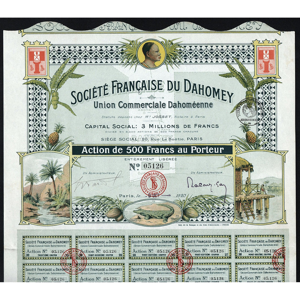 Societe Francaise Du Dahomey 1920 Africa Stock Certificate
