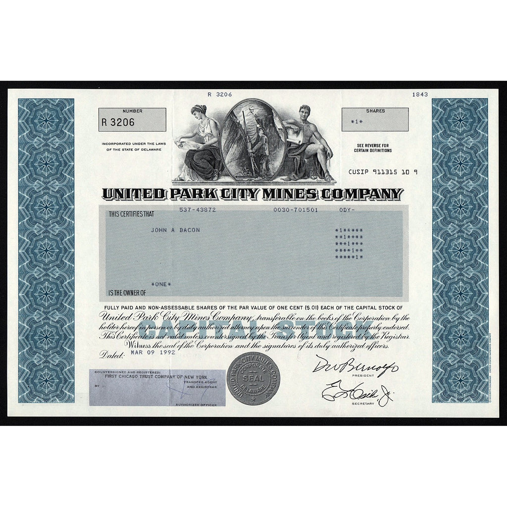 United Park City Mines Company Stock Certificate