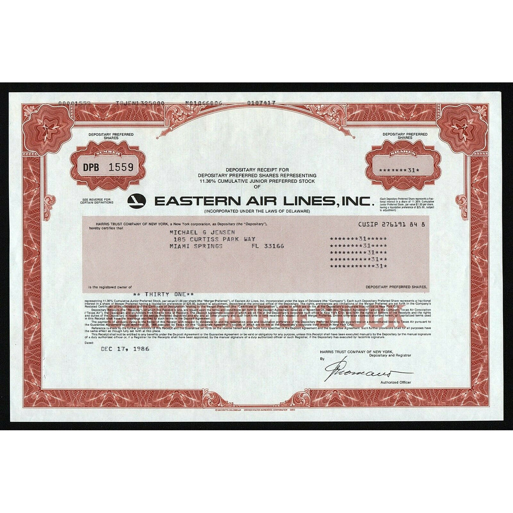 Eastern Air Lines, Inc. Airline Depositary Receipt Stock Certificate
