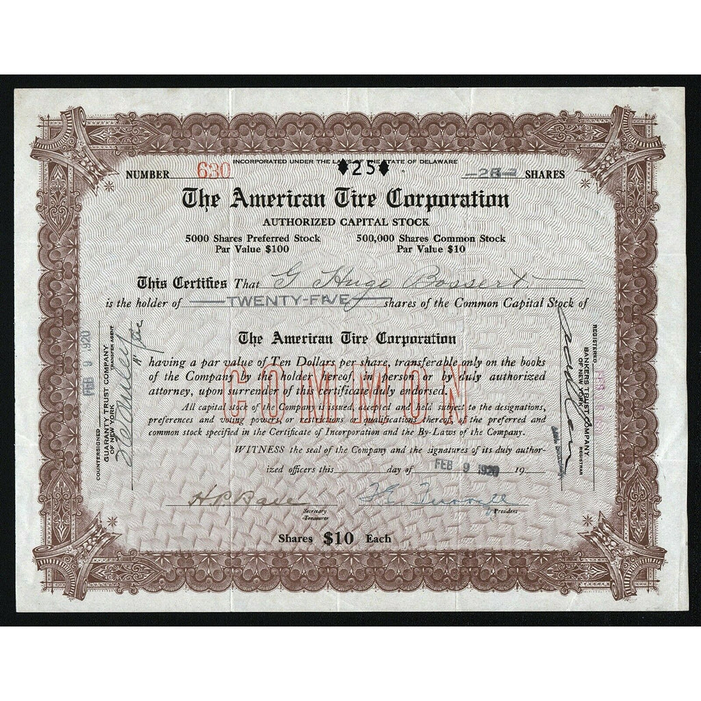 The American Tire Corporation Stock Certificate