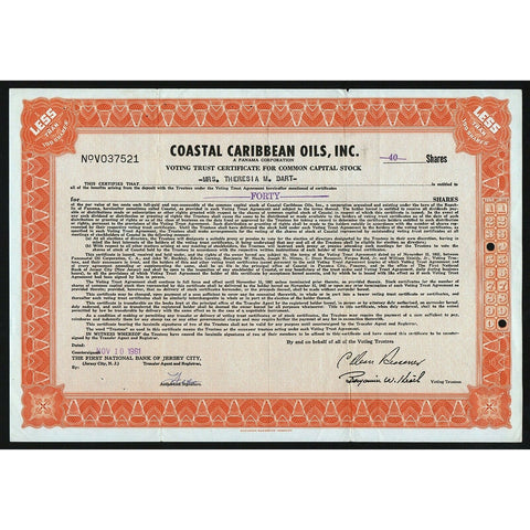 Coastal Caribbean Oils, Inc. Panama Stock Certificate