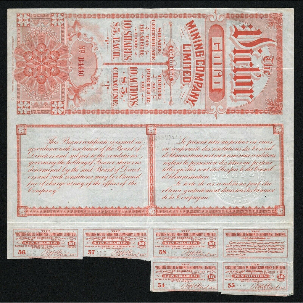 The Victor Gold Mining Company (Cripple Creek) Colorado Stock Certificate