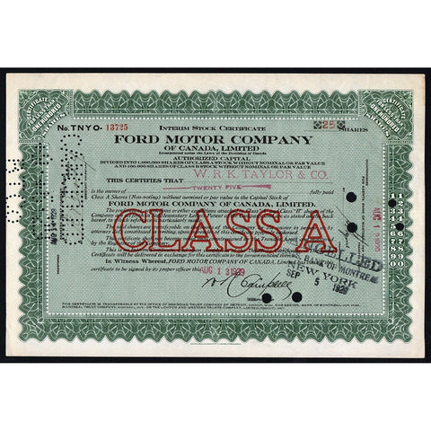 Ford Motor Company of Canada, Limited 1929 Stock Certificate