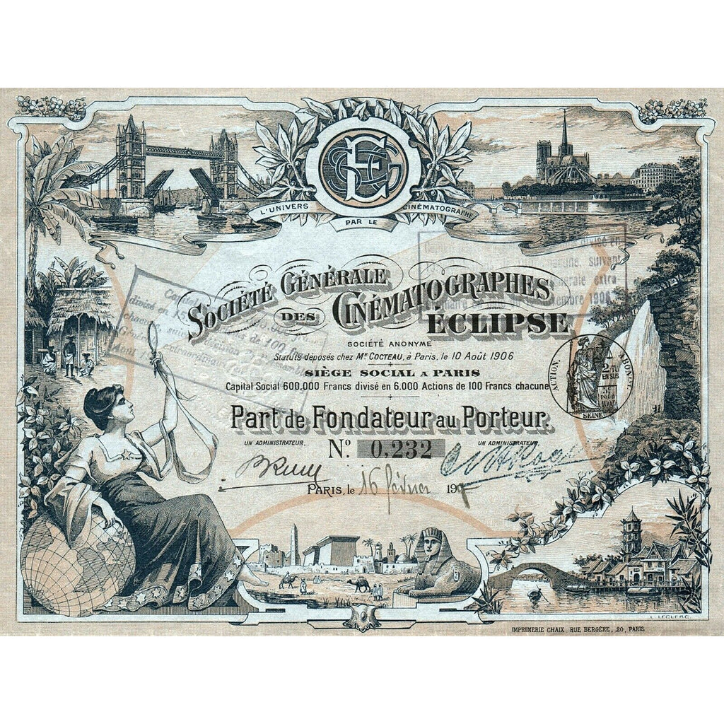 Societe Generale des Cinematographes Eclipse 1907 France Stock Certificate