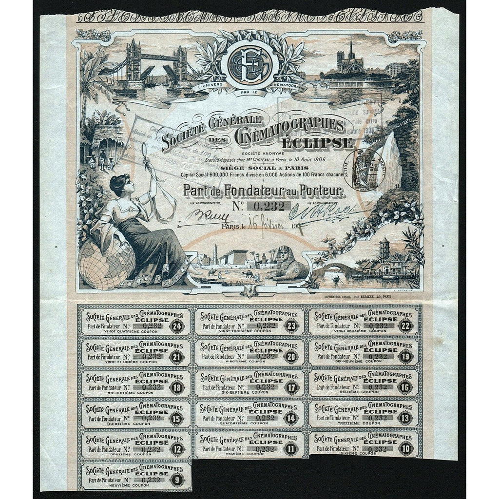 Societe Generale des Cinematographes Eclipse 1907 France Stock Certificate