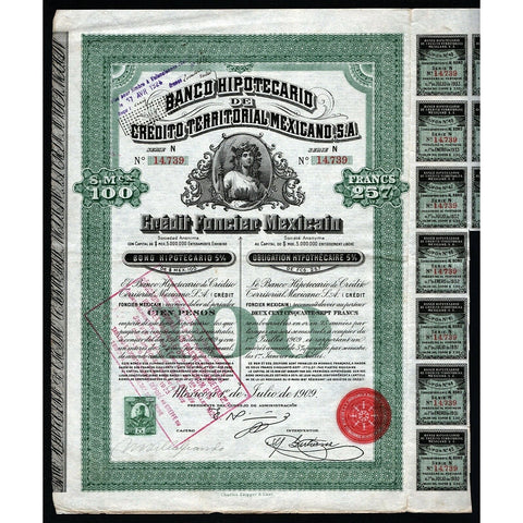 Banco Hipotecario de Credito Territorial Mexicano, S.A. 1909 Mexico Stock Certificate