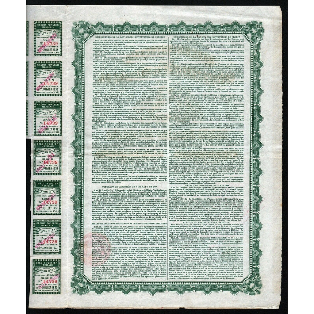 Banco Hipotecario de Credito Territorial Mexicano, S.A. 1909 Mexico Stock Certificate