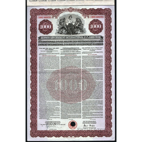 1930 Germany: German Government International Loan Bond Certificate