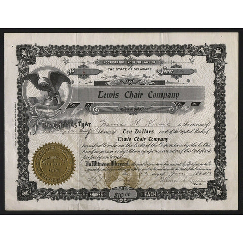 Lewis Chair Company 1912 Stock Certificate