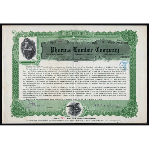 Phoenix Lumber Company 1906 Washington Stock Certificate
