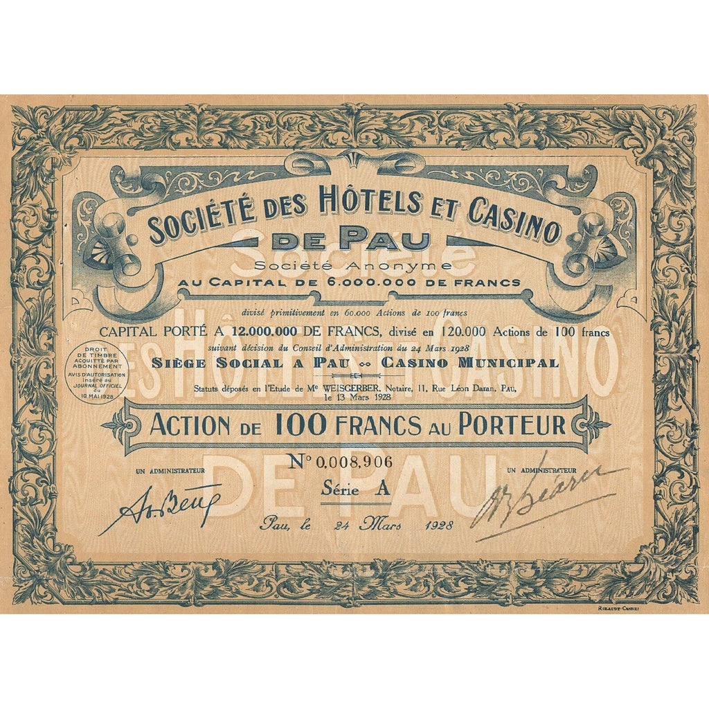 Societe des Hotels et Casino de Pau S.A. 1928 France Stock Certificate