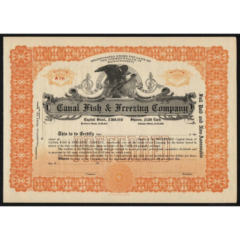 Canal Fish & Freezing Company Massachusetts Fishery Stock Certificate