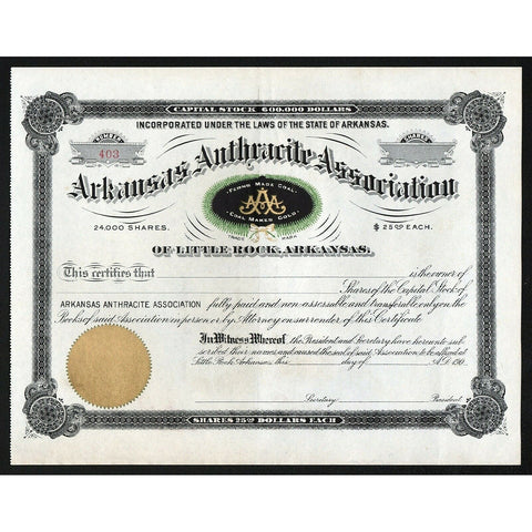 Arkansas Anthracite Association of Little Rock, Arkansas Stock Certificate