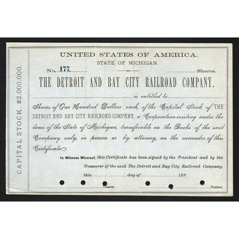 Detroit and Bay City Railroad Company Michigan Stock Certificate