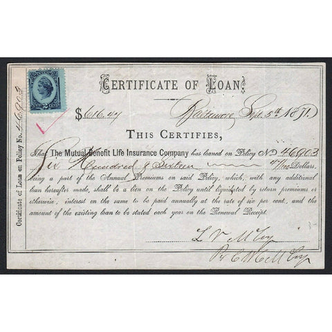 The Mutual Benefit Life Insurance Company 1871 Baltimore Bond Certificate