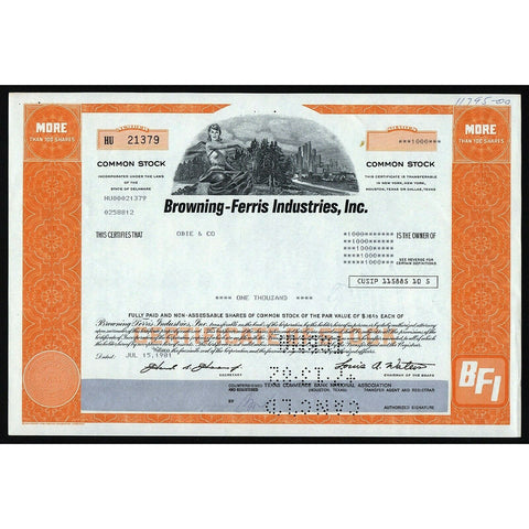 Browning-Ferris Industries, Inc. BFI Stock Certificate