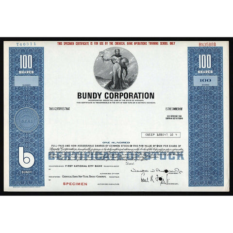 Bundy Corporation (Specimen) Michigan Stock Certificate