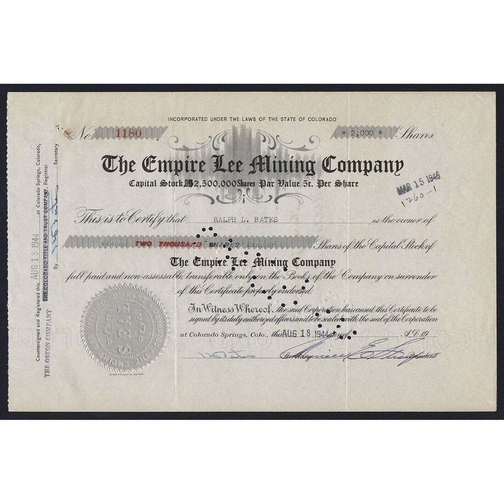 The Empire Lee Mining Company Colorado Springs Stock Certificate