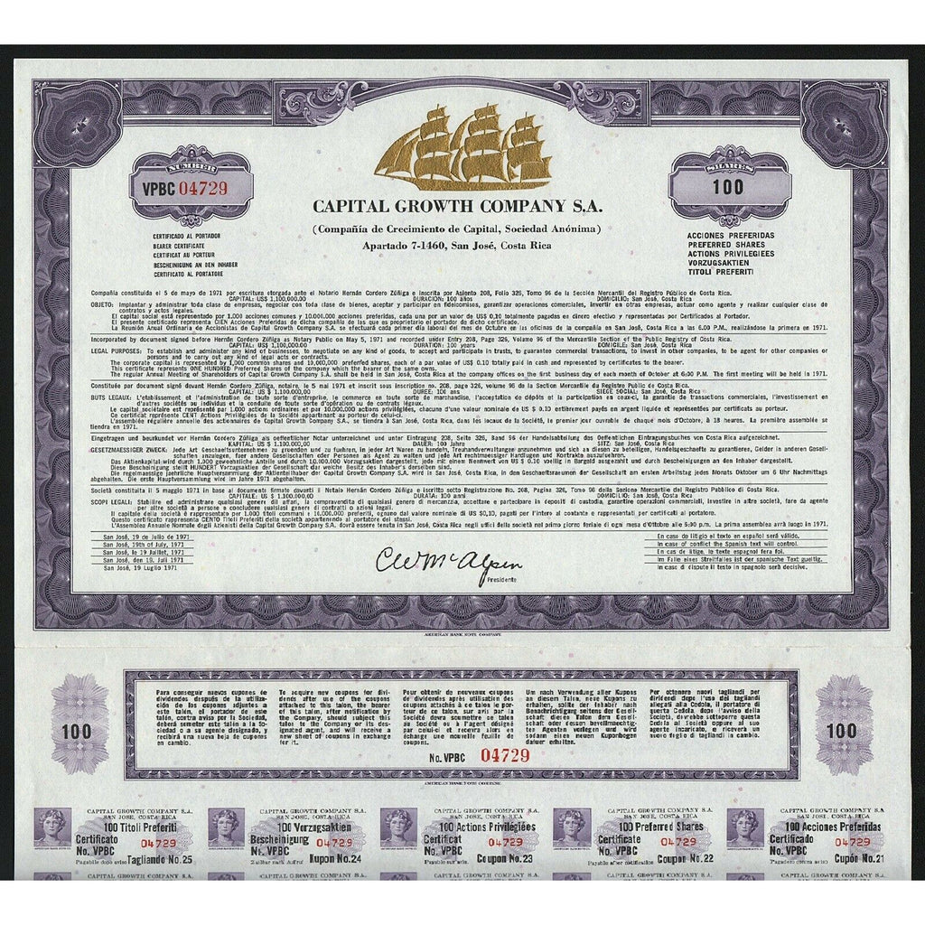 Capital Growth Company S.A. San Jose, Costa Rica Stock Certificate