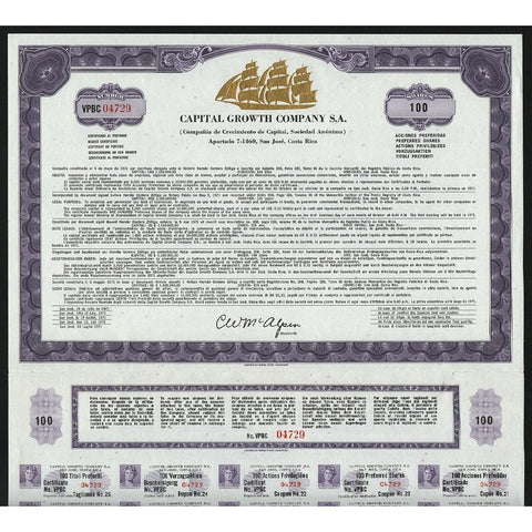 Capital Growth Company S.A. San Jose, Costa Rica Stock Certificate