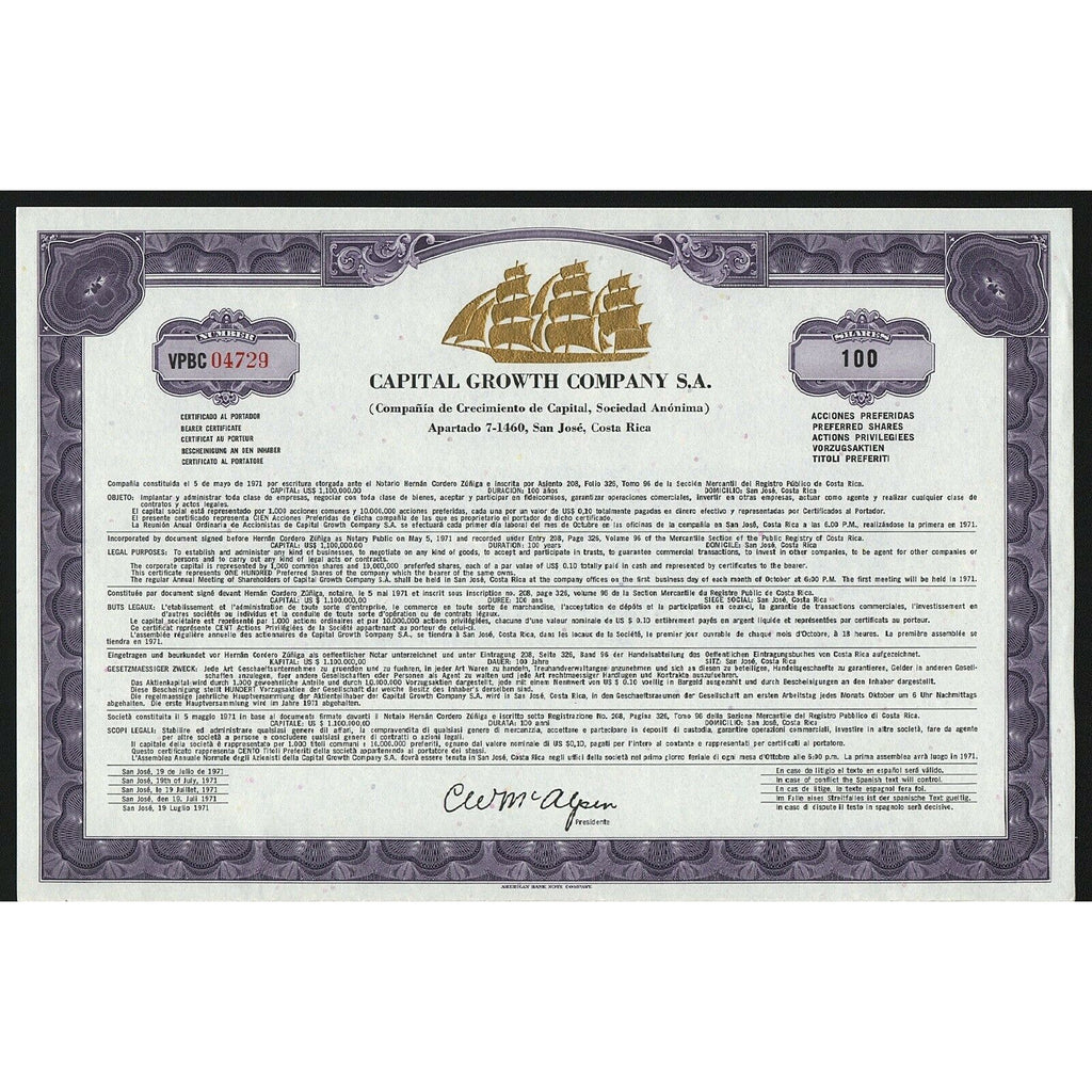 Capital Growth Company S.A. San Jose, Costa Rica Stock Certificate