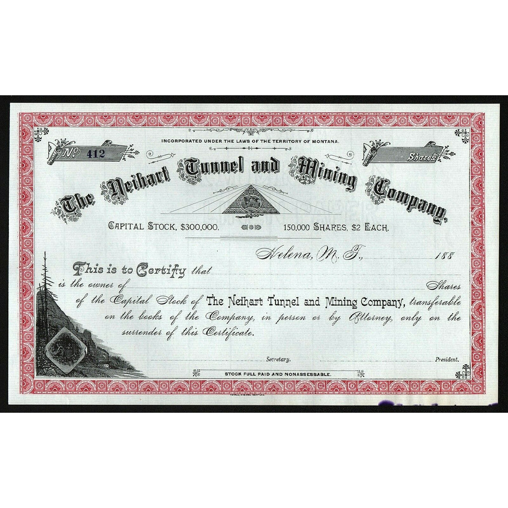 The Neihart Tunnel and Mining Company Montana Stock Certificate