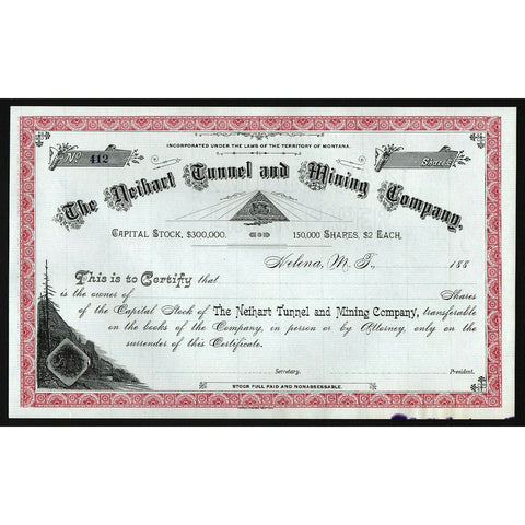 The Neihart Tunnel and Mining Company Montana Stock Certificate