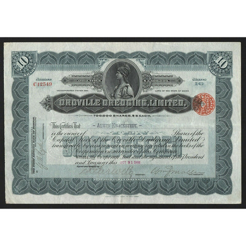 Oroville Dredging, Limited 1906 Maine Stock Certificate