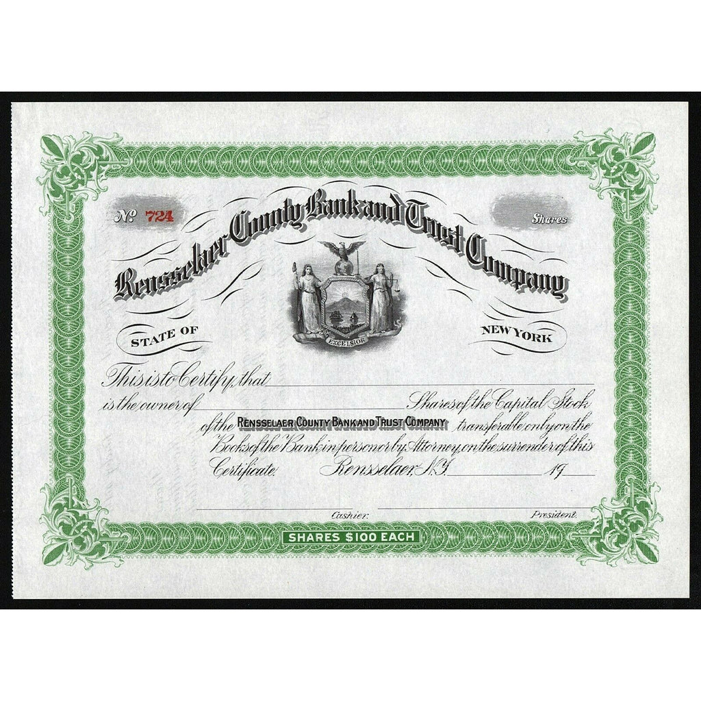 Rensselaer County Bank and Trust Company New York Stock Certificate