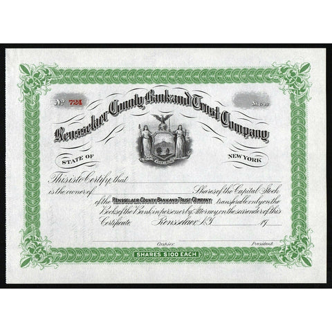 Rensselaer County Bank and Trust Company New York Stock Certificate