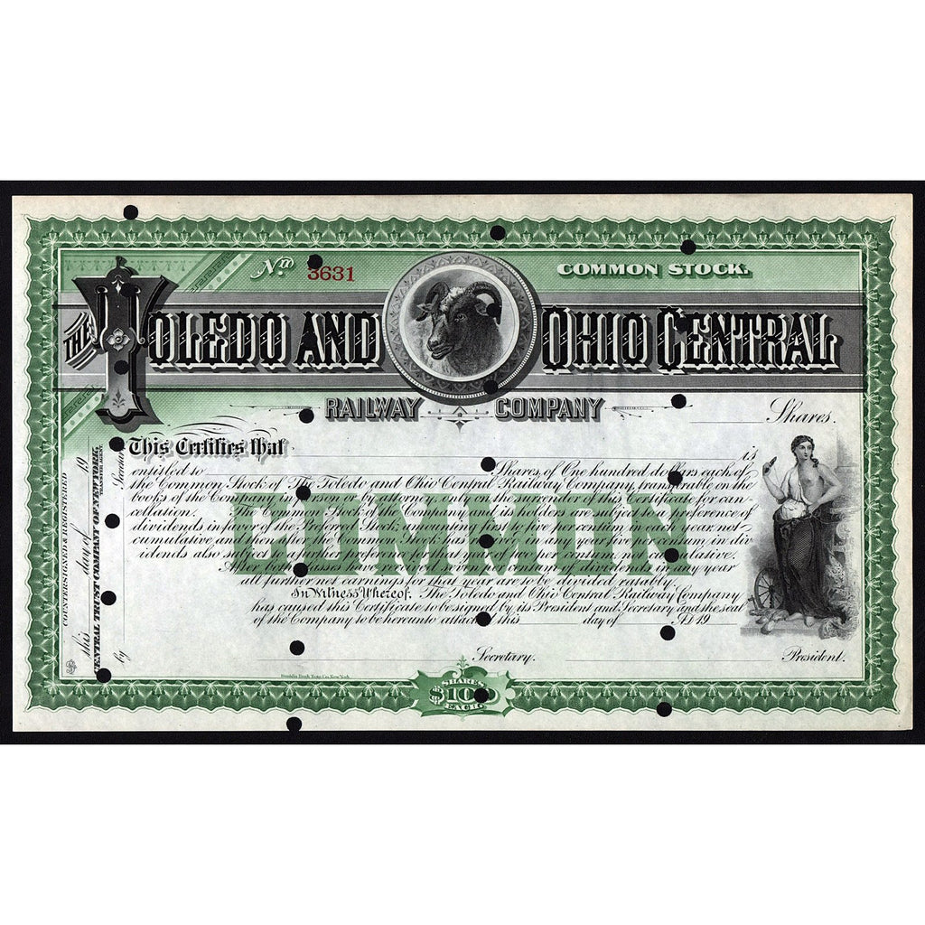 The Toledo and Ohio Central Railway Company Stock Certificate