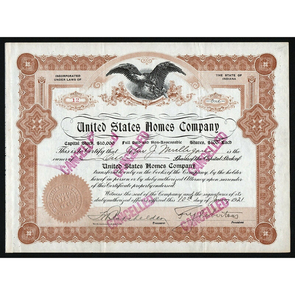 United States Homes Company Indiana Stock Certificate