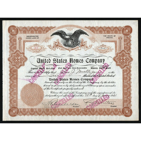 United States Homes Company Indiana Stock Certificate