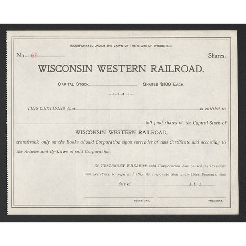 Wisconsin Western Railroad Stock Certificate