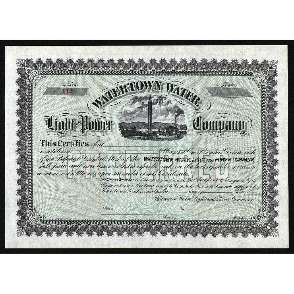Watertown Water, Light and Power Company South Dakota Stock Certificate