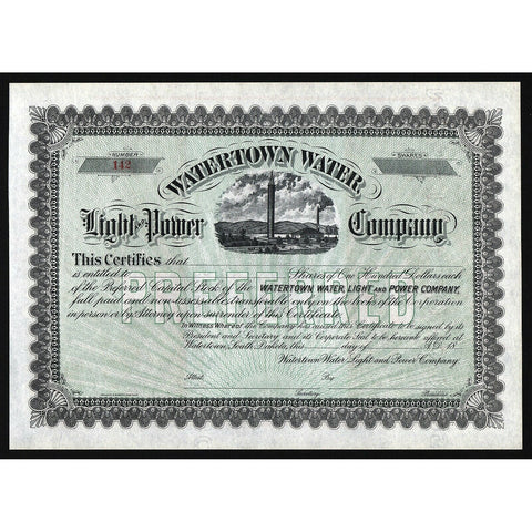 Watertown Water, Light and Power Company South Dakota Stock Certificate