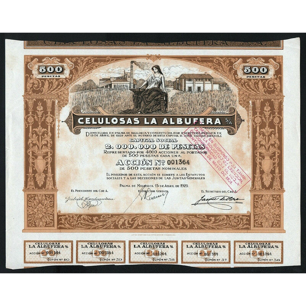 Celulosas La Albufera 1929 Palma de Mallorca Spain Stock Certificate