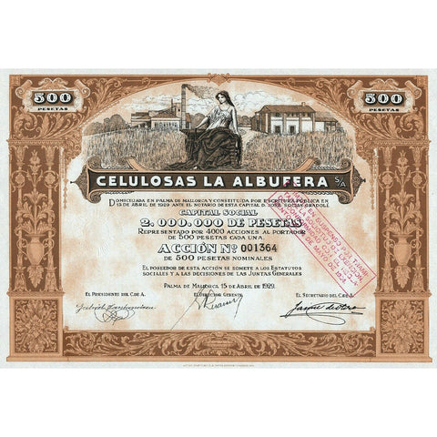 Celulosas La Albufera 1929 Palma de Mallorca Spain Stock Certificate